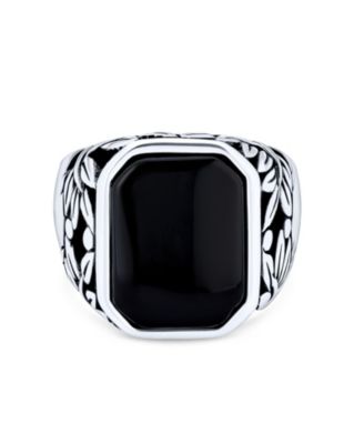 Leaf Vine Accent Black Onyx Octagon Rectangle Signet Ring Heavy Oxidized .925 Sterling Silver