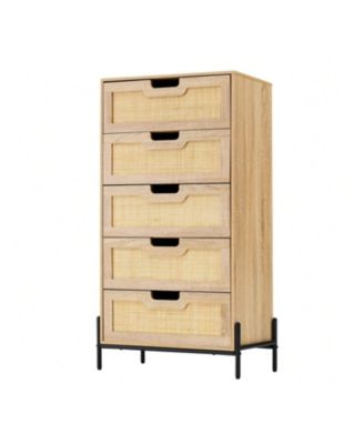 5-drawer, rattan & wood, double dresser with modern design – closet organizer for bedroom, living room, hallway, or office