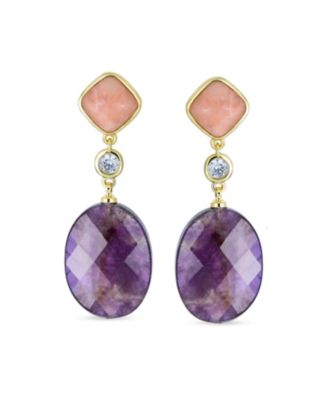 Big Oval Briolette Purple Natural Amethyst Dangle Earrings Gold Plate