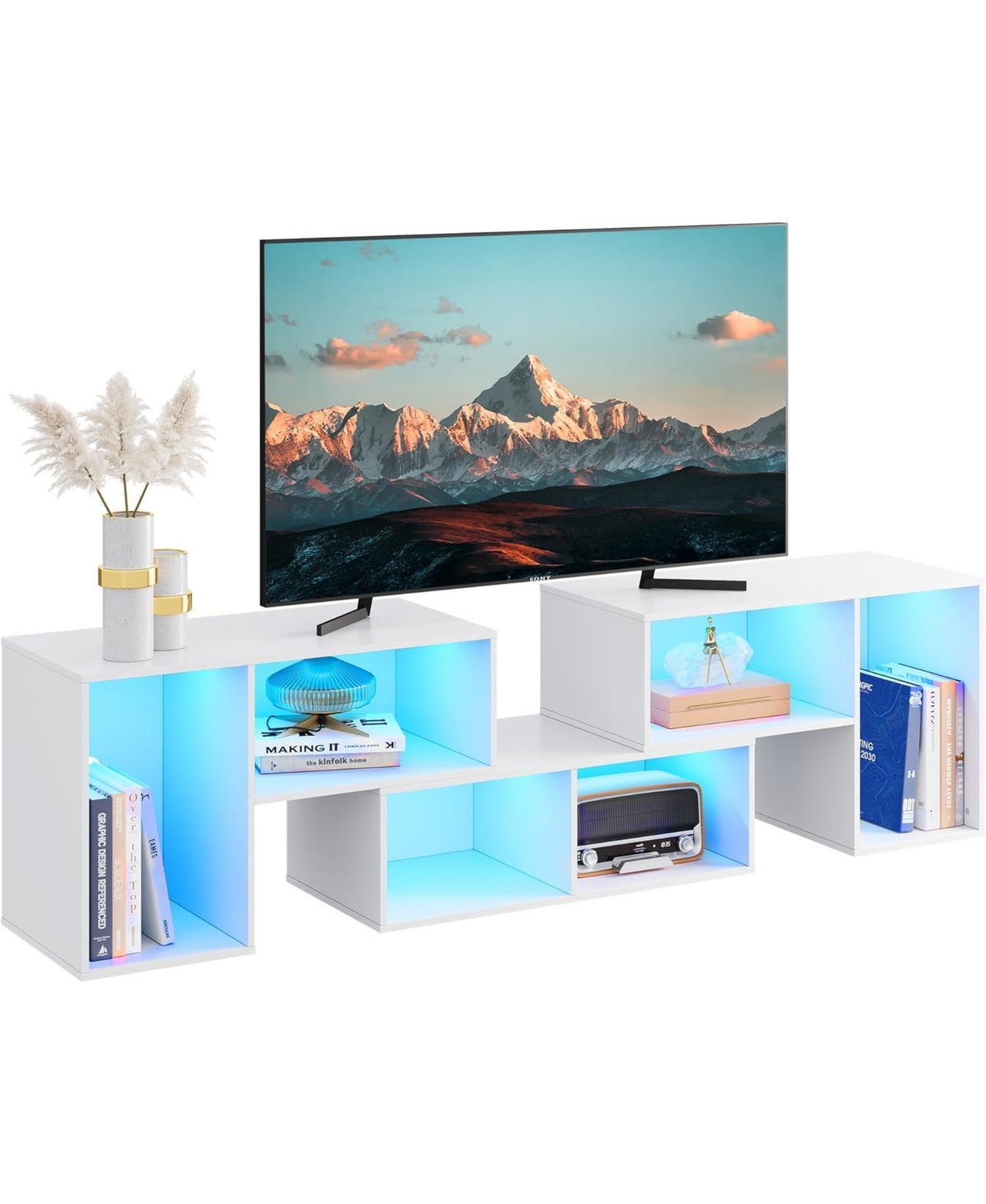 Wlive Tv Stand Modern Deformable Television Stand with Led Strips Entertainment Center with Open Shelves Media Tv Console for 65/70 Inch Tv Split Tv