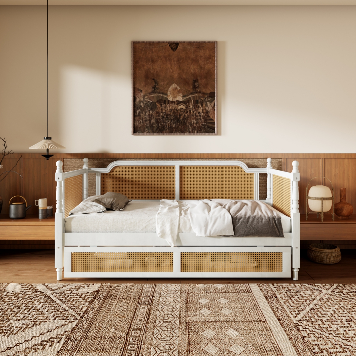 Streamdale Antique White Twin Rattan Daybed with Drawers