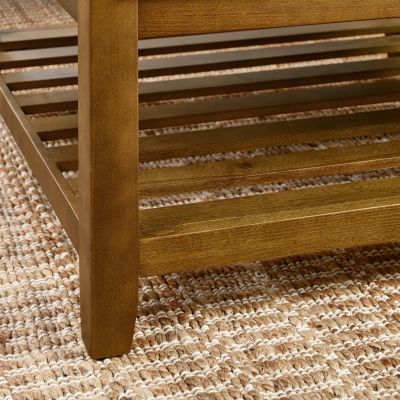 Tufted Linen Ottoman with Wood Shelf and Frame
