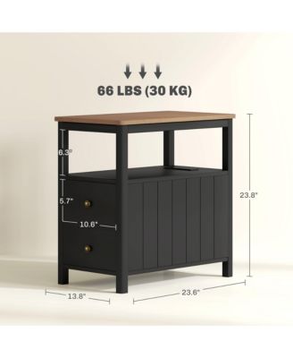 Narrow End Table with Charging Station, USB Ports, Drawers,