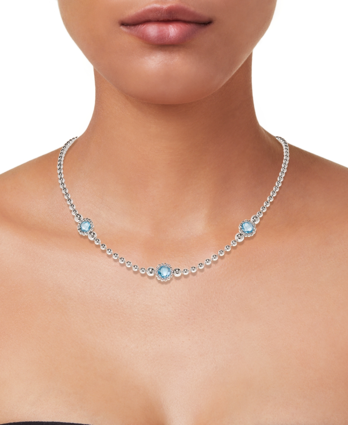 MACY'S LAB CREATED SKY BLUE TOPAZ THREE STONE BEZEL 18" COLLAR NECKLACE (4-3/4 CT. T.W.) IN STERLING SILVER 