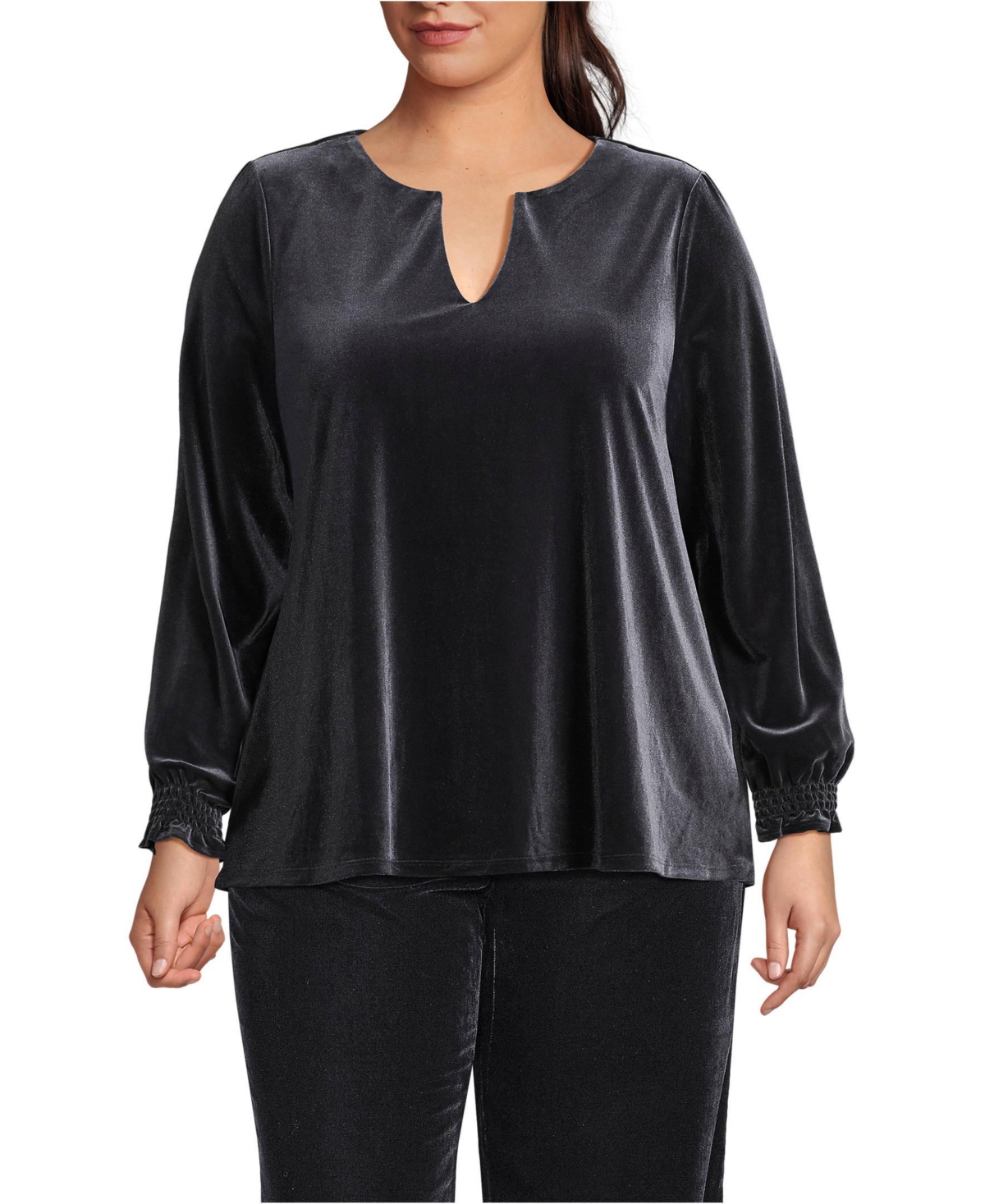 Plus Size Long Sleeve Velvet Blouse - Silver frost