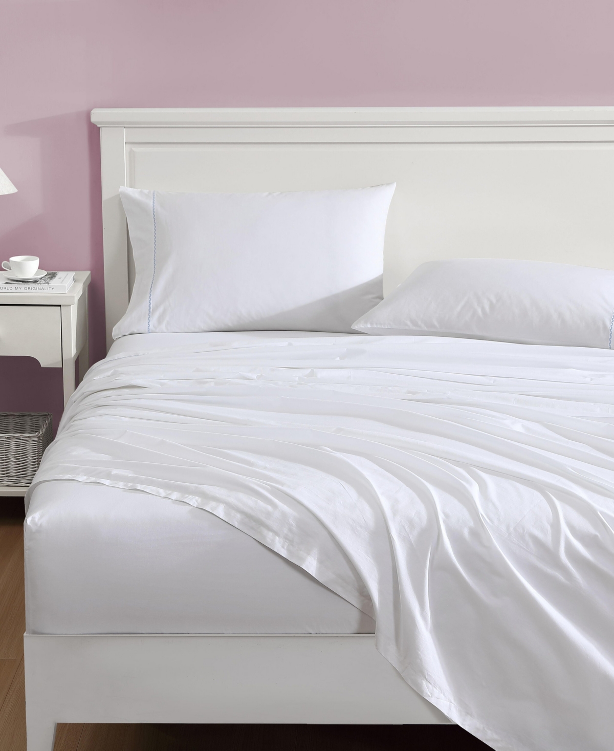 Laura Ashley 200-thread Count Cotton Percale 3 -pc. Sheet Set, Twin In Blue Cashmere Scallop Embroidered