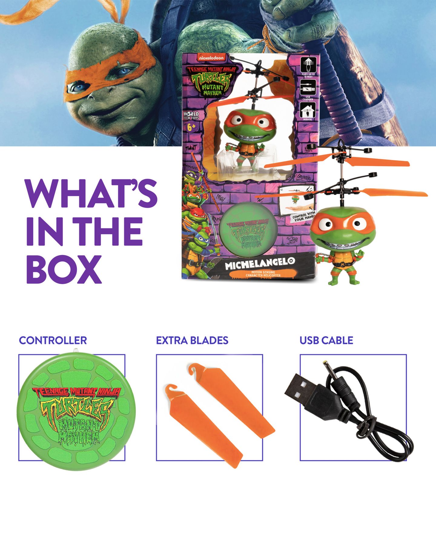 Детская игрушка World Tech Toys Teenage Mutant Ninja Turtles Michaelangelo Flying Infrared Autopilot Remote Control UFO Helicopter — фото 3