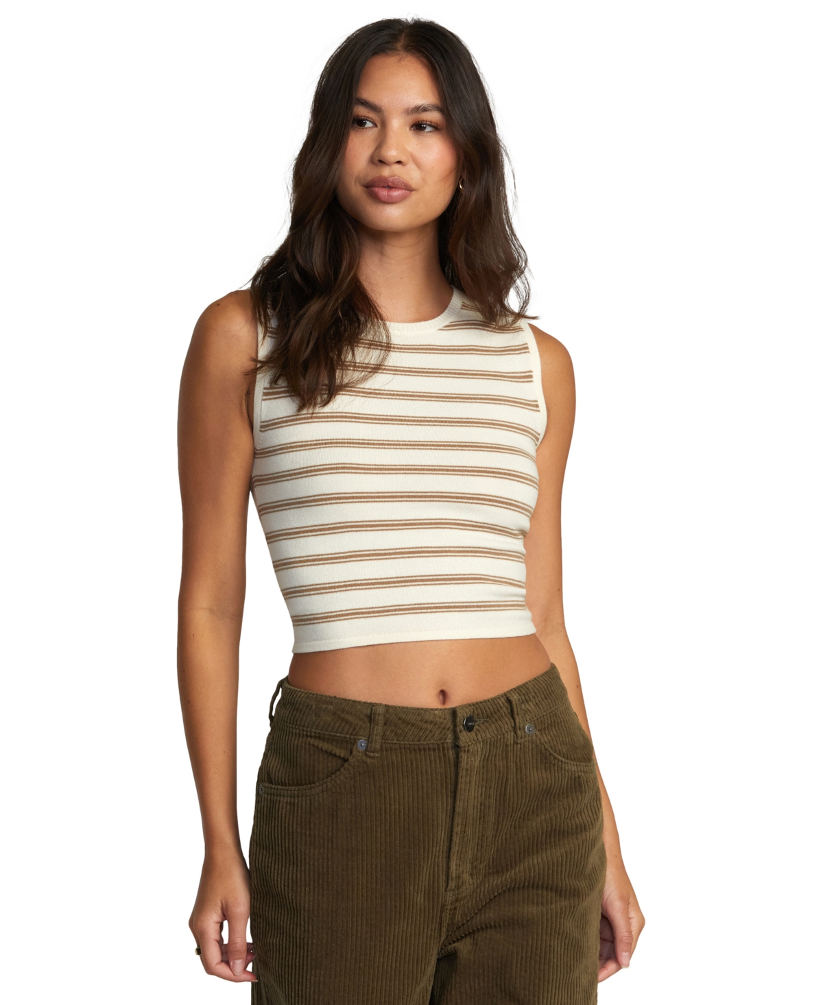 Juniors' Striped Round-Neck Sleeveless Tank Top - Latte