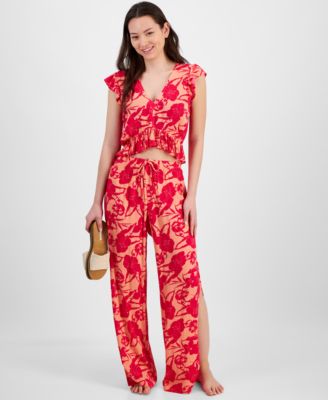 Juniors Printed Ruffled Cover Up Top Printed Side Slit Cover Up Pants Exclusively At Macys