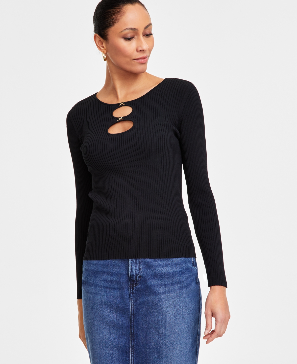 Inc International Concepts Women's Double-cutout Sweater, Exclusively At Macy's In Deep Black
