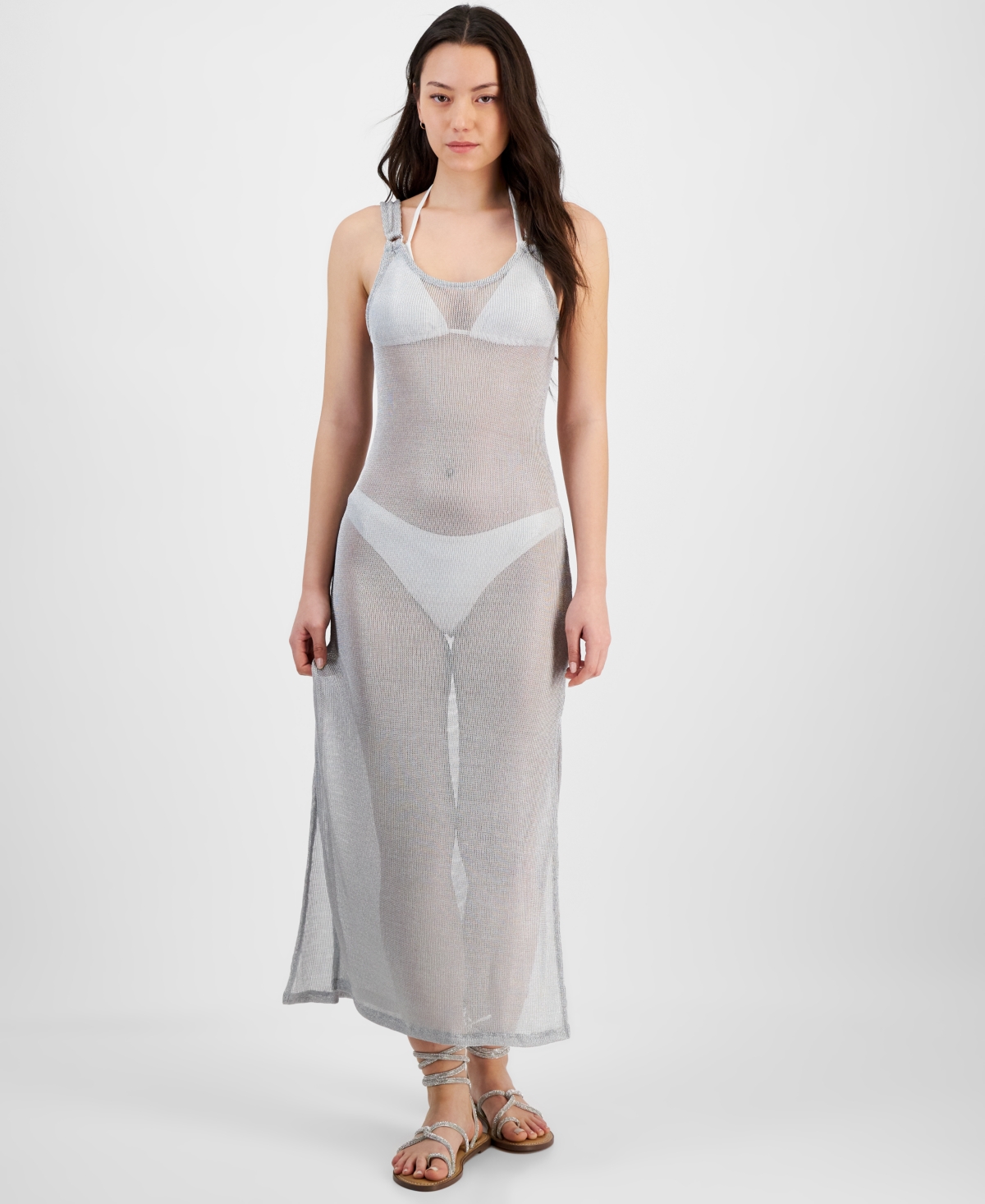 Miken Juniors' Metallic Mesh Tank Dress Cover-up, Exclusively At Macy's In Silver