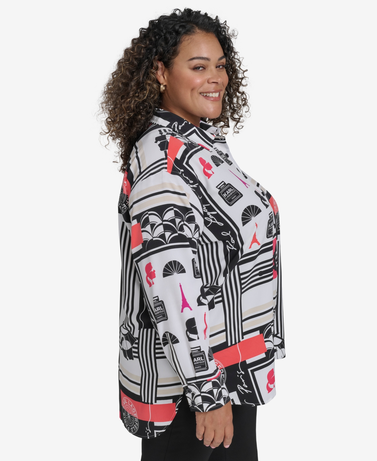 KARL LAGERFELD PLUS SIZE PRINTED COLLARED BUTTON-FRONT SHIRT, EXCLUSIVELY AT MACY'S 