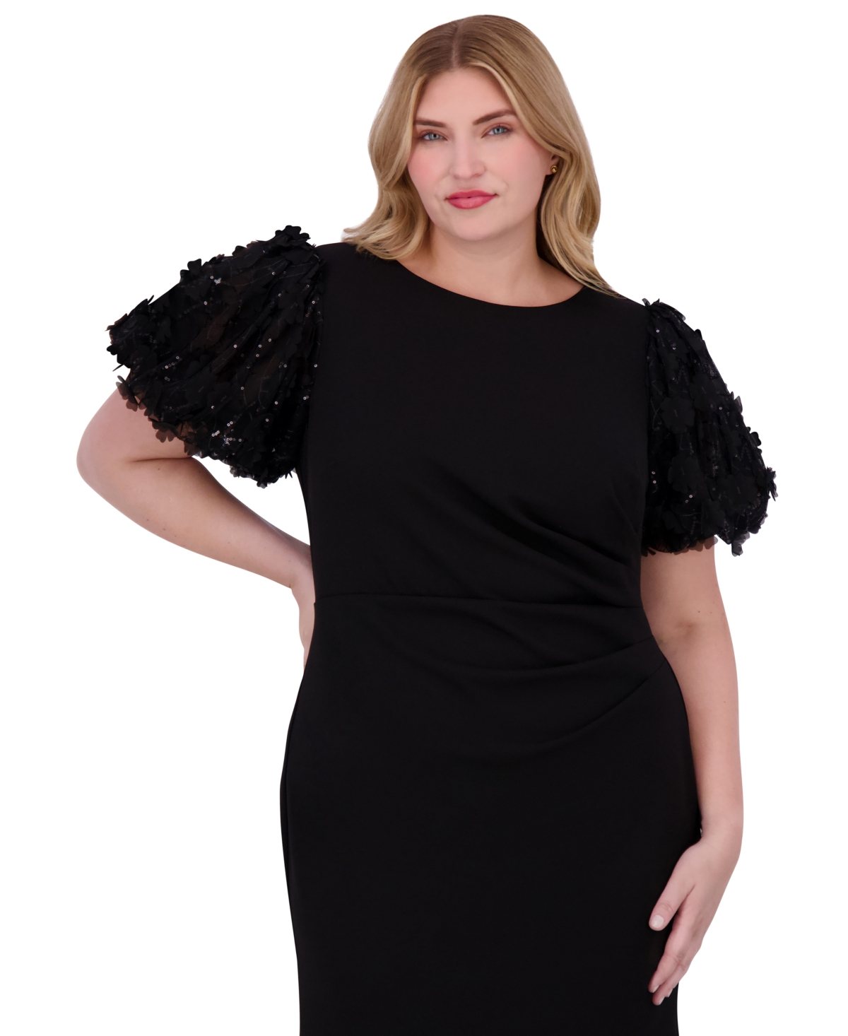 Eliza J Plus Size Floral-Short-Sleeve Boat-Neck Pleated Gown