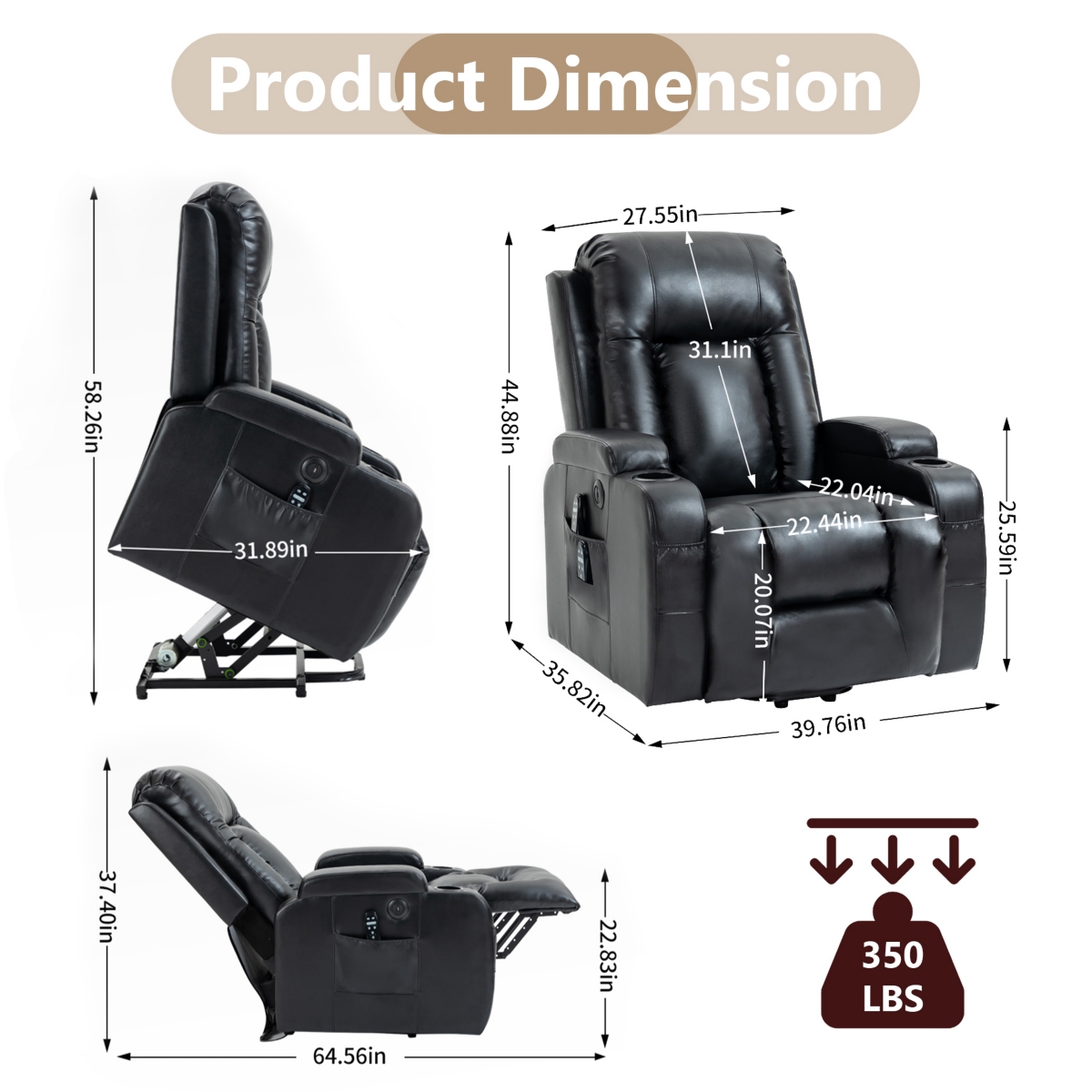 Boyel Living Infinite Position Up to 350 Lbs Power Lift Recliner Chair for Elderly Heavy Duty Motion Mechanism with 8-Point Vibration Massage and Lumb