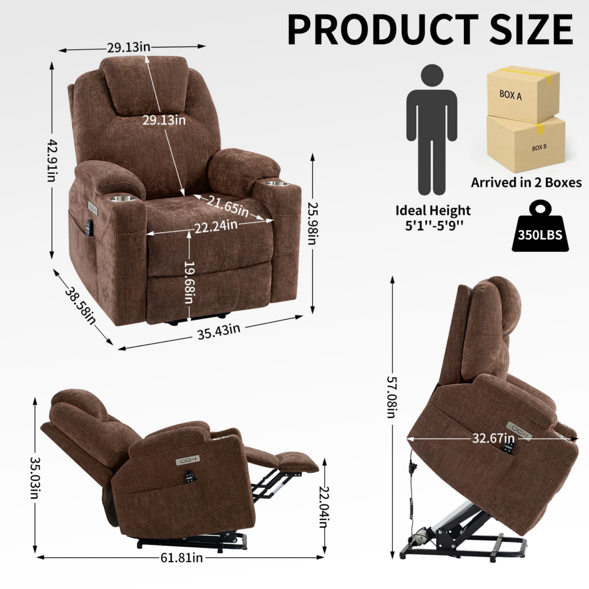 Boyel Living Up to 350 Lbs Power Lift Recliner Chair Heavy Duty Motion Mechanism with 8-Point Vibration Massage and Lumbar Heating, Usb and Type-c Por
