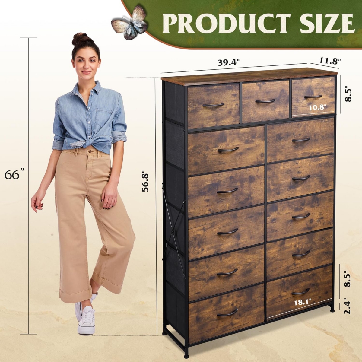 Wlive Tall Dresser for Bedroom with 13 Drawers Storage Dresser Organizer Unit Fabric Dresser for Bedroom Closet Chest of Drawers Steel Frame Wood Top