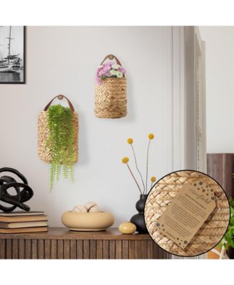 Set of 2 Small and Large Water Hyacinth, Woven Wall Hanging Baskets with Handles