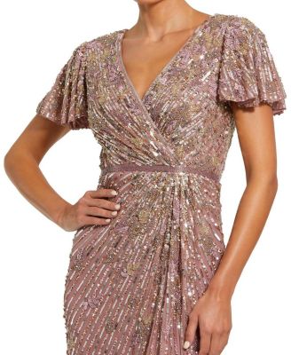 Women's Embellished Faux Wrap Flutter Sleeve Dress