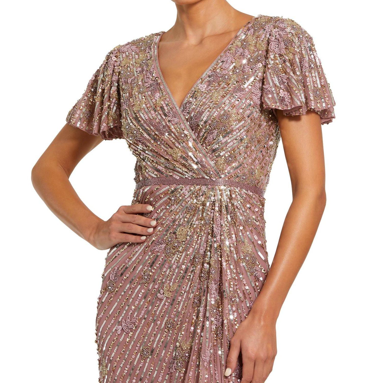 Женское платье Mac Duggal Embellished Faux Wrap Flutter Sleeve, цвет: Винтажный сиреневый — фото 6