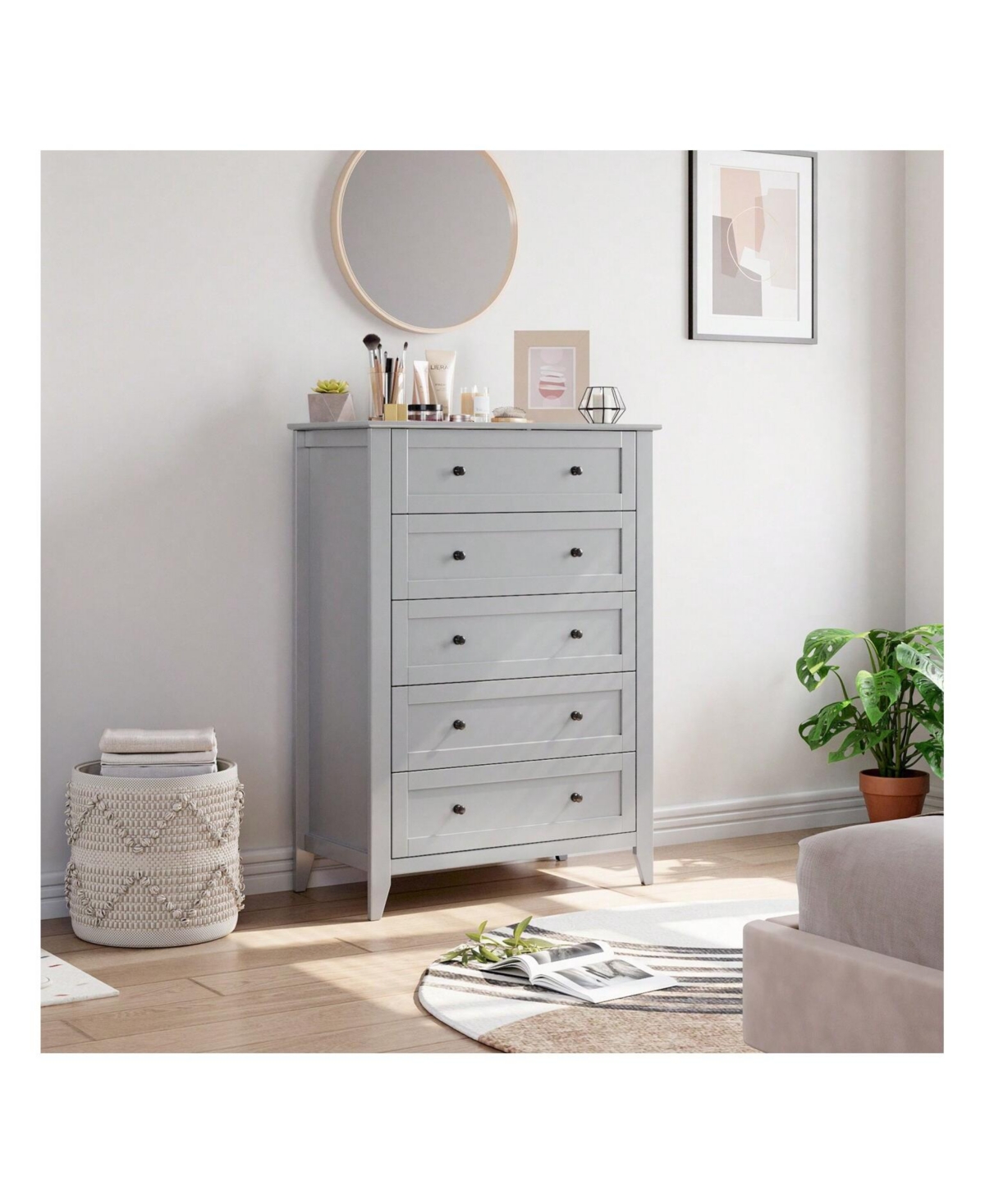 5 Chest Of Drawer Dresser, Modern Tall Nightstand With Deep Drawers And Nickel Round Handle, Wood Organizer Storage Cabinet For Bedroom, Living Room,