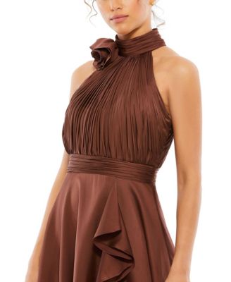 Women's Halter Neck Flower Detail Ruffled Midi Dress