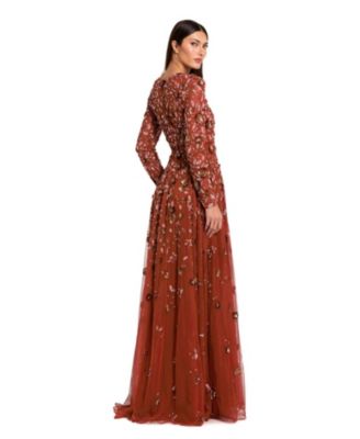 Women's Embellished High Neck Long Sleeve A Line Gown