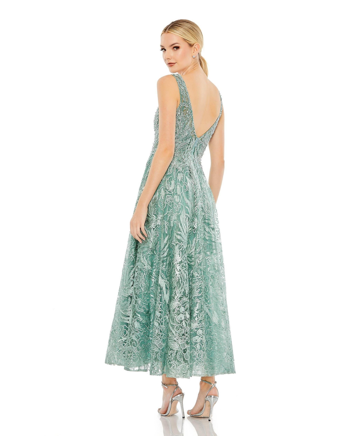 Mac Duggal Women's V-Neck Low Cut Back Floral Embroidered A-Line Dress