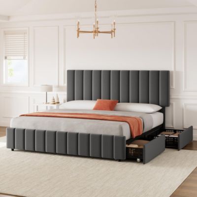 Full Linen Upholstered Platform Bed Frame with 4 Storage Drawers