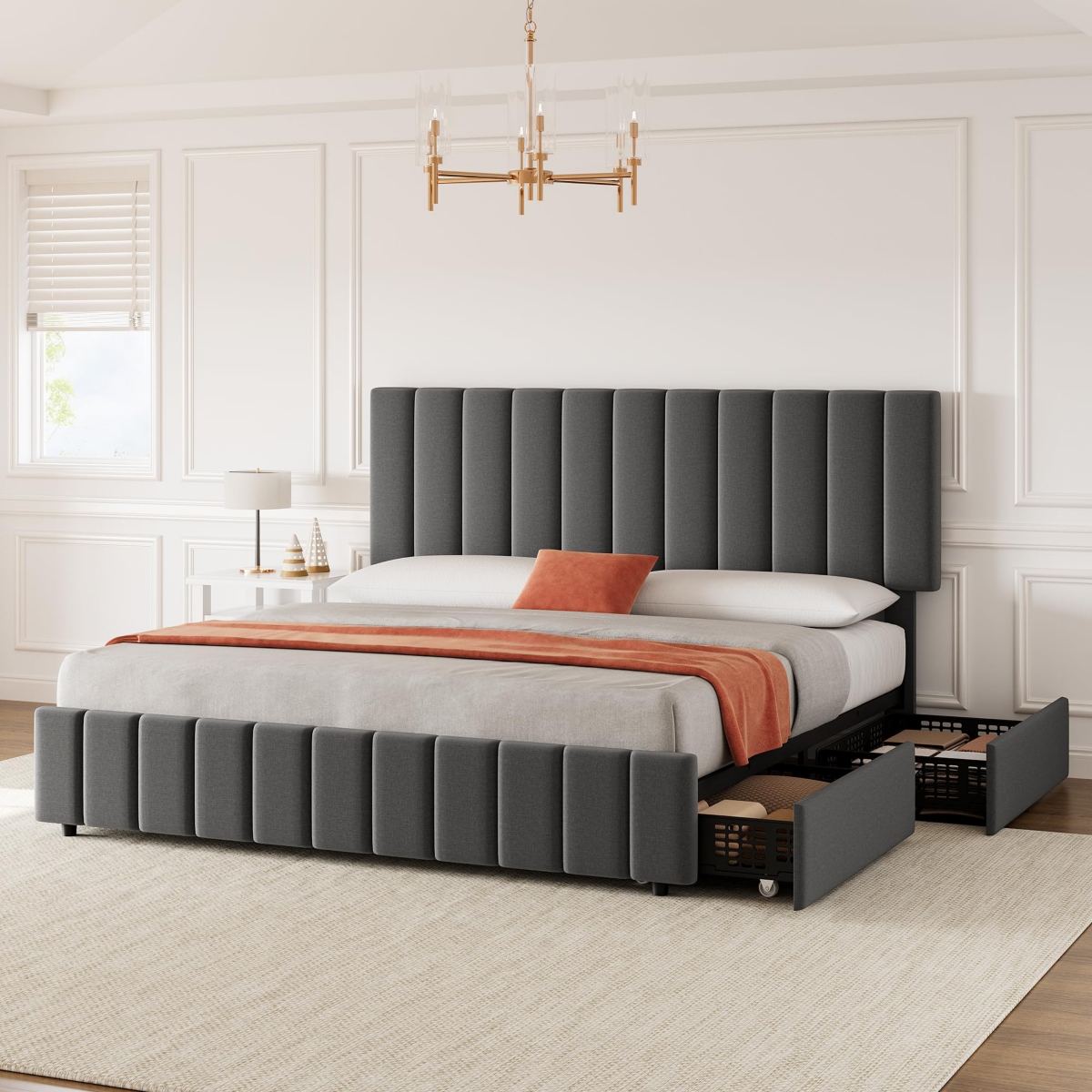 gaomon Full Linen Upholstered Platform Bed Frame with 4 Storage Drawers