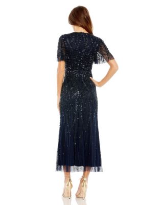 Women's Beaded Wrap Over Butterfly Sleeve Column Dress