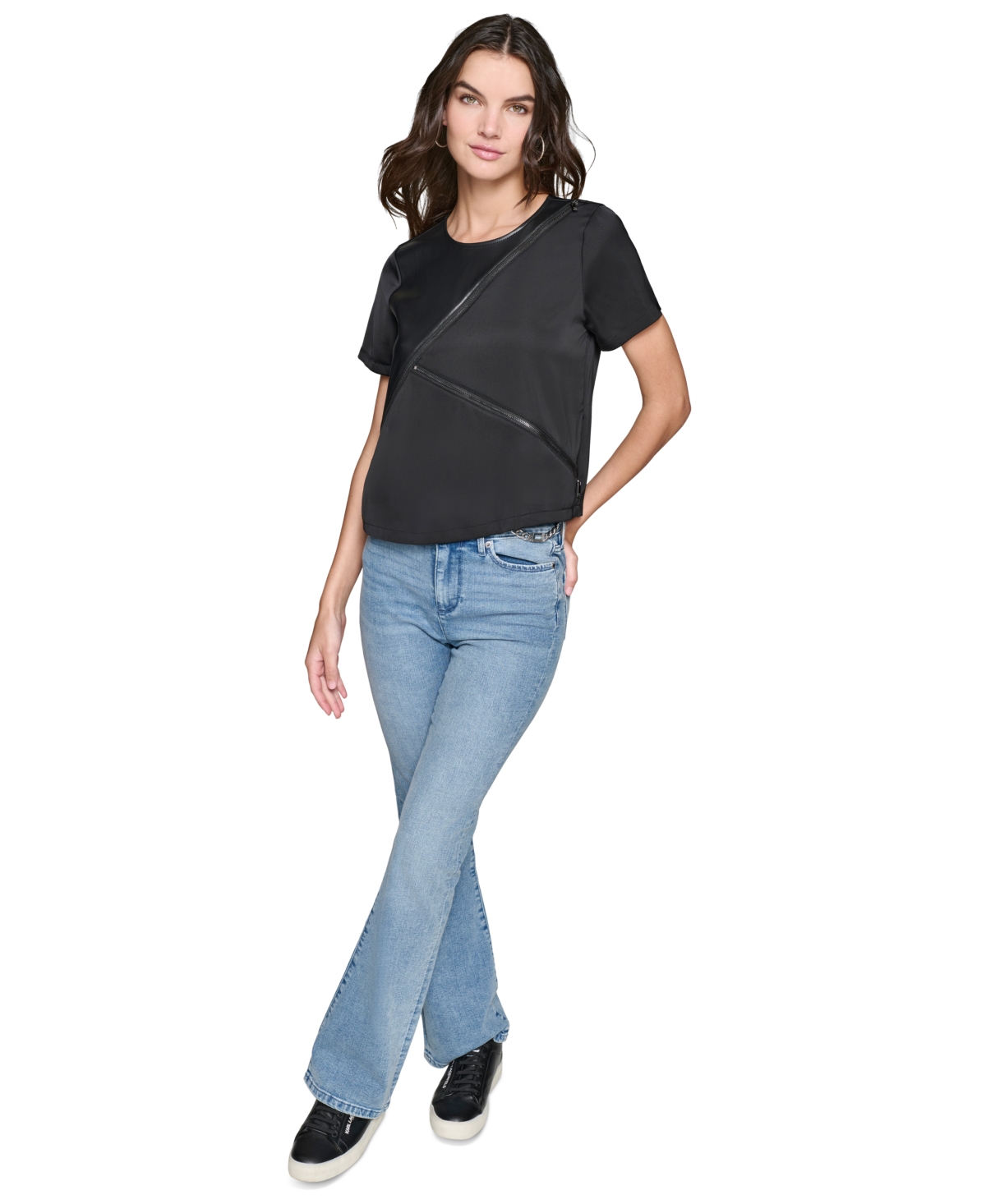 Karl Lagerfeld Paris Women's Faux-Leather Accented Short-Sleeve Top