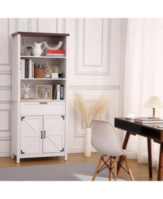 Bookshelf with Doors, 6-Tire Farmhouse Storage Cabinet Bookcase Floor Standing Bookshelves