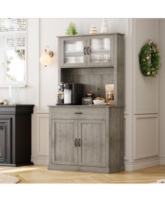 Kitchen Pantry Cabinet, 71" Tall Kitchen Hutch Storage Cabinet with Microwave Stand, Freestanding Buffet Cabinet with Shelves and Glass Doors