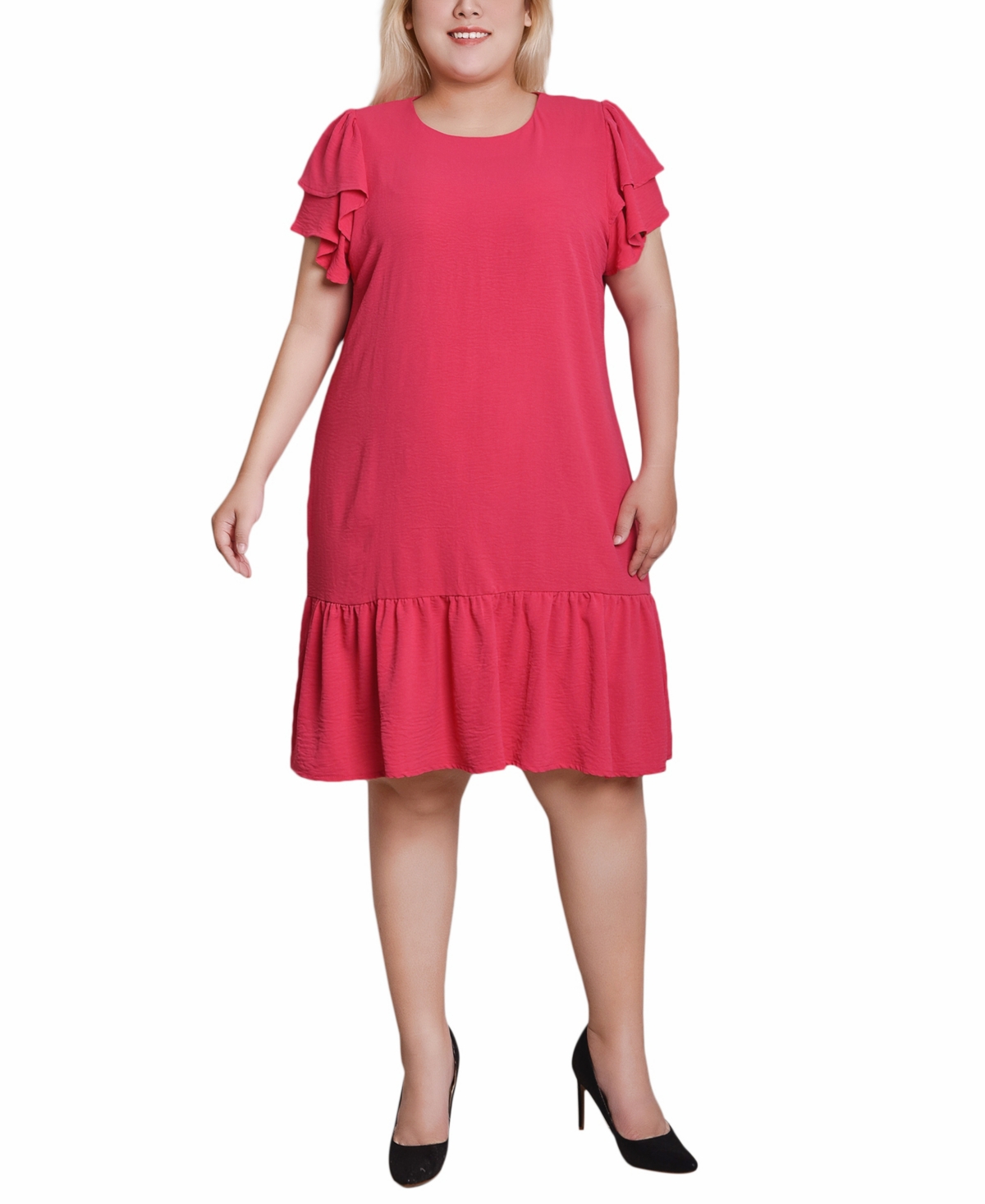 Ny Collection Plus Size Double Layer Flutter Sleeve Dress In Raspberry