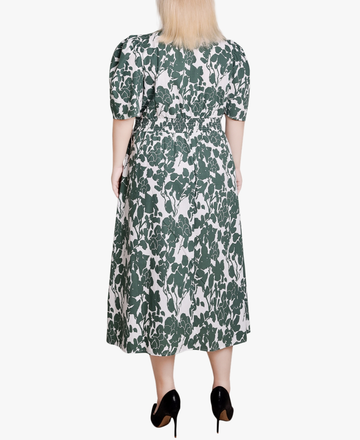 Ny Collection Plus Size Puff Sleeve Poplin Dress In Green Ivory Floral