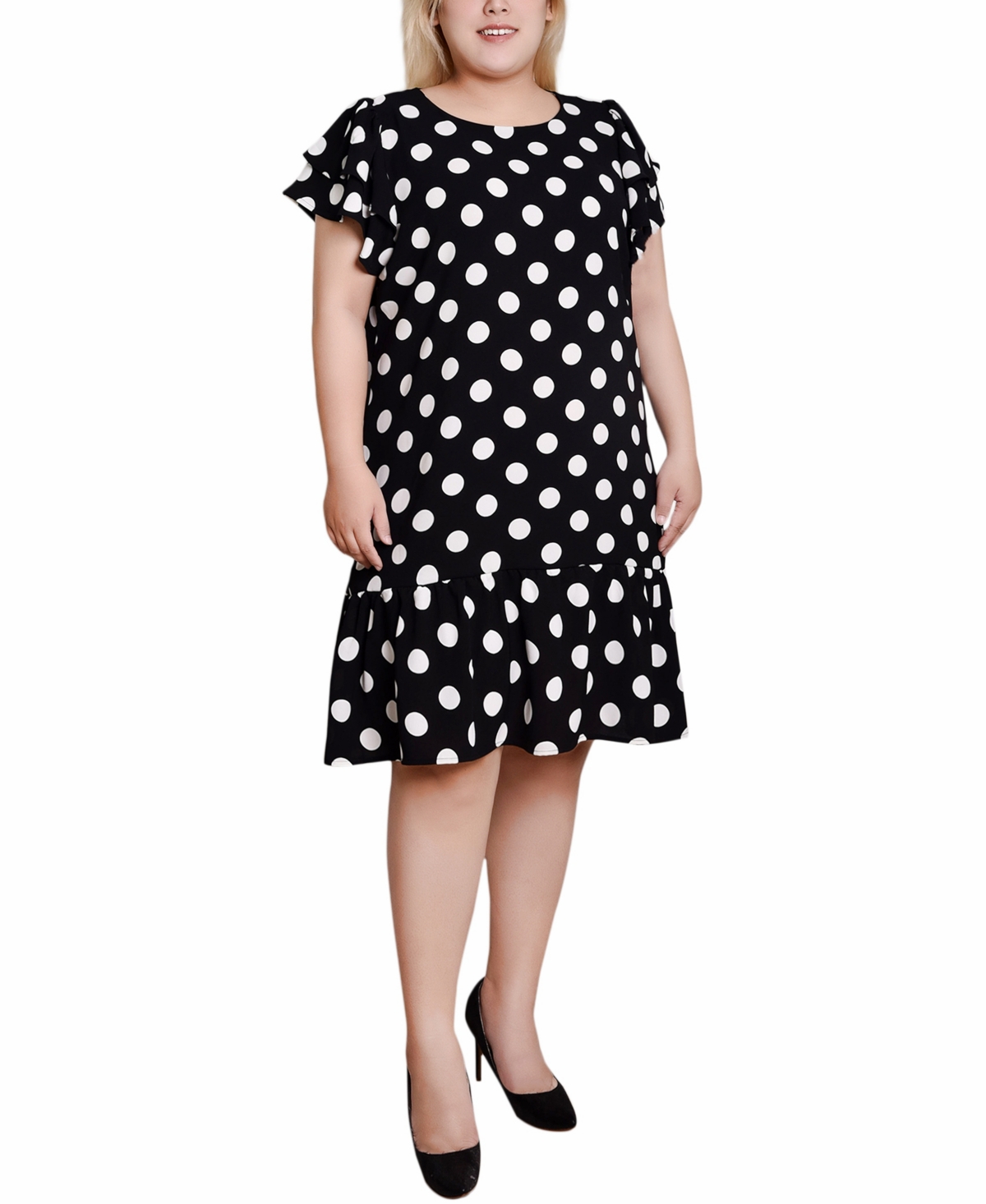 Ny Collection Plus Size Double Layer Flutter Sleeve Dress In Black,white Big Dot