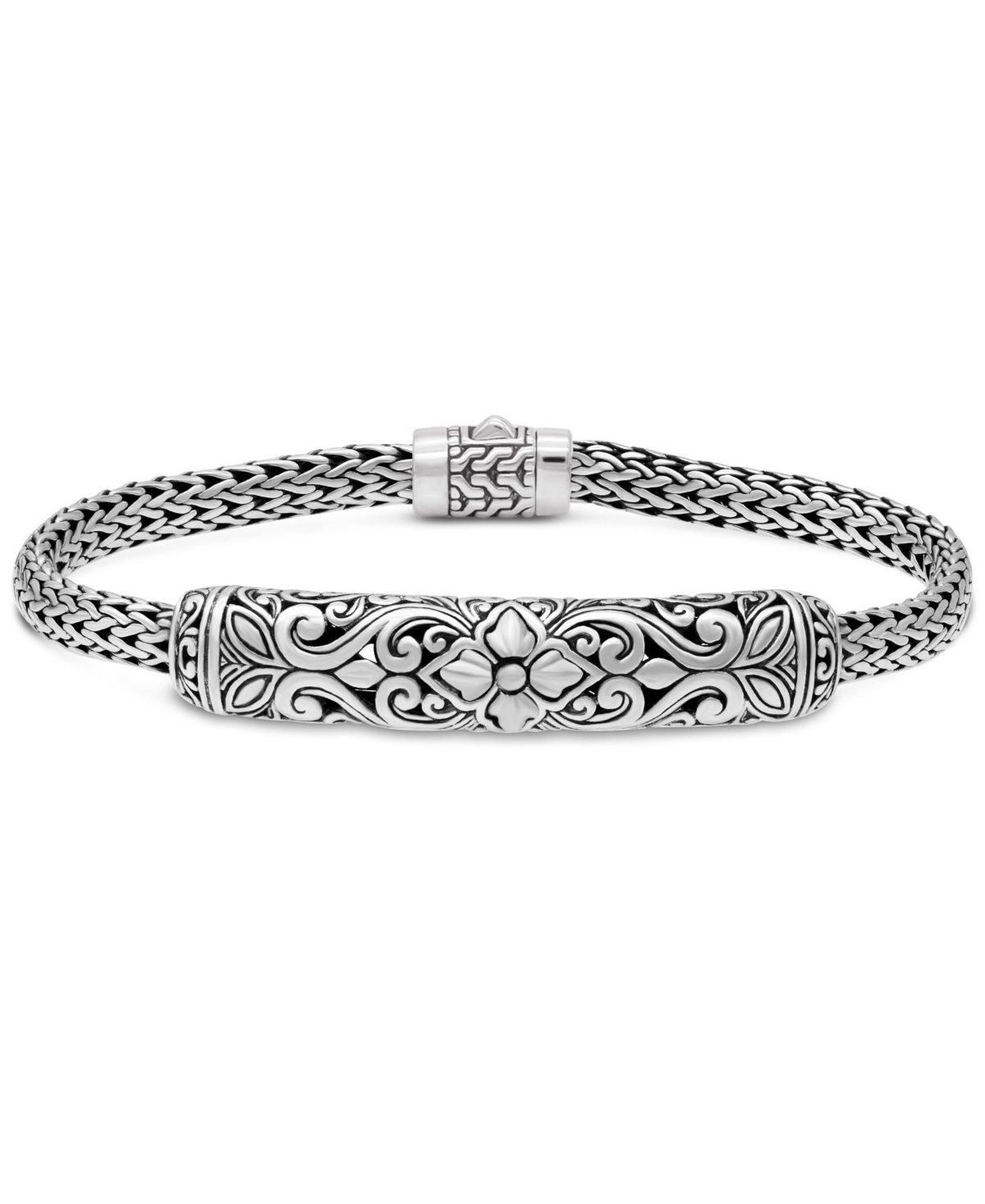Bali Flower with Dragon Bone Oval 5mm Chain Bracelet in Sterling Silver, 8 inches - Silver