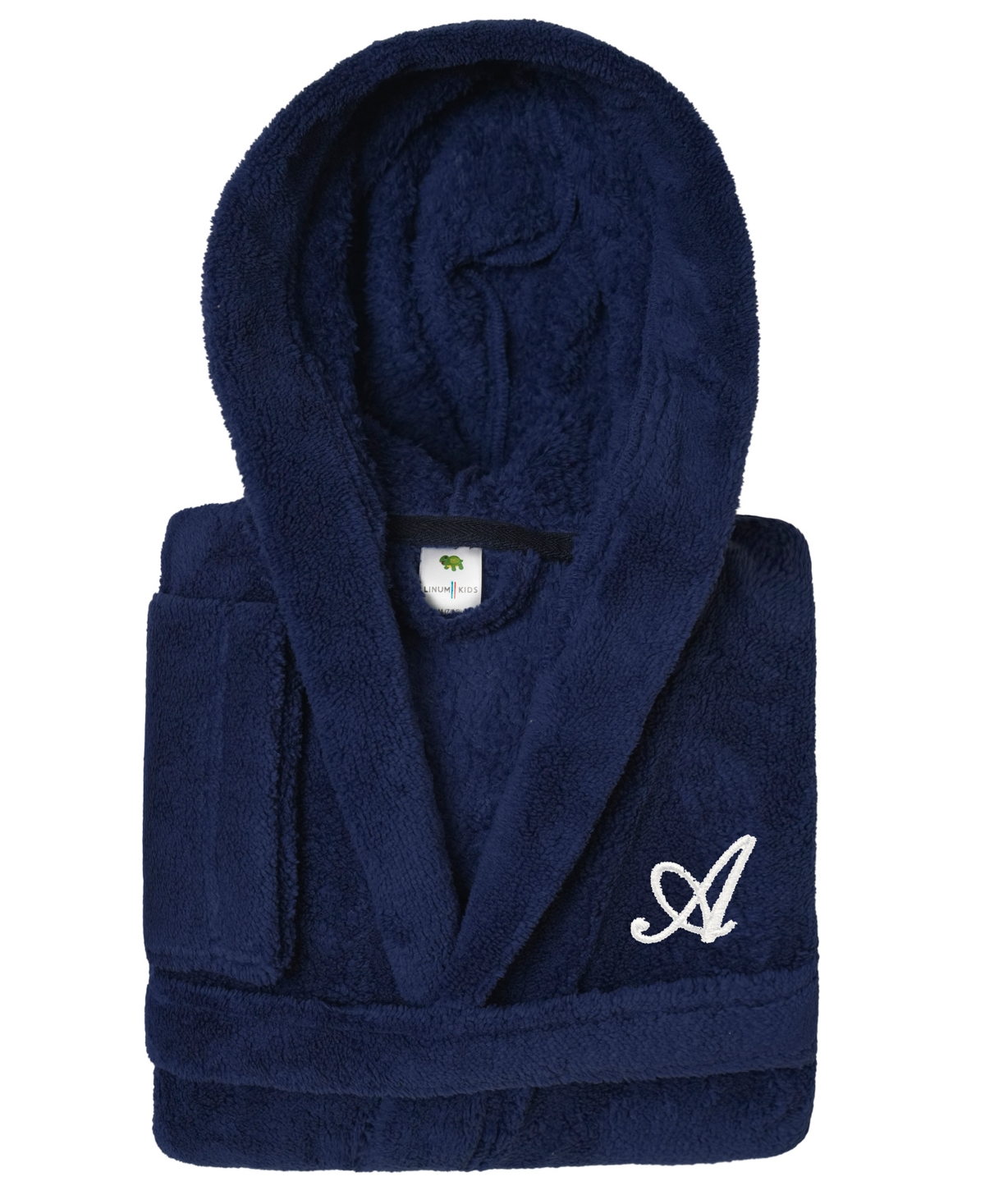 Linum Home Kids Super Plush Double Brushed Hooded Polyester Bathrobe In A Navy,white
