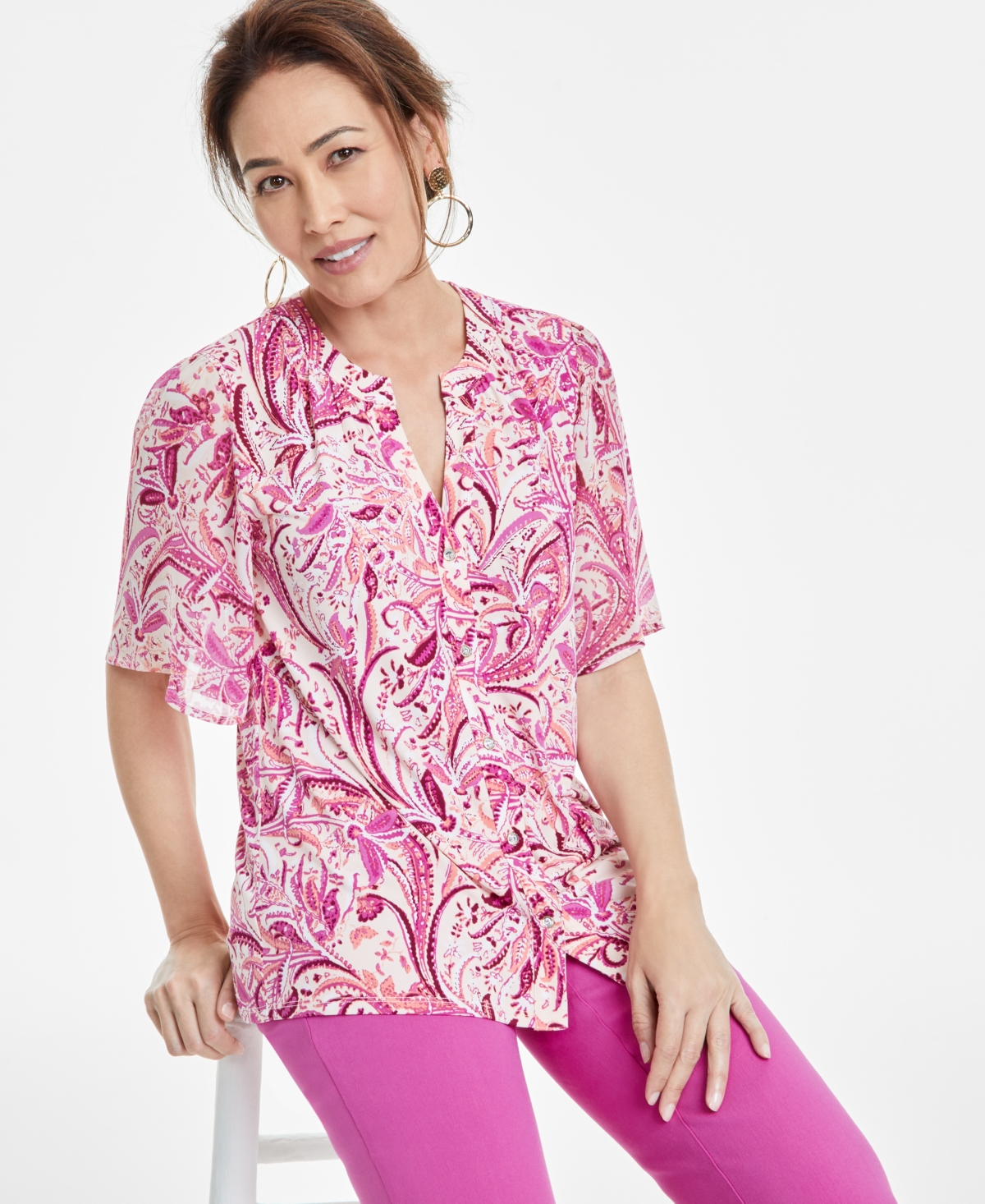 JM COLLECTION WOMEN'S PRINTED SPLIT-NECK BLOUSE, EXCLUSIVELY AT MACY'S 