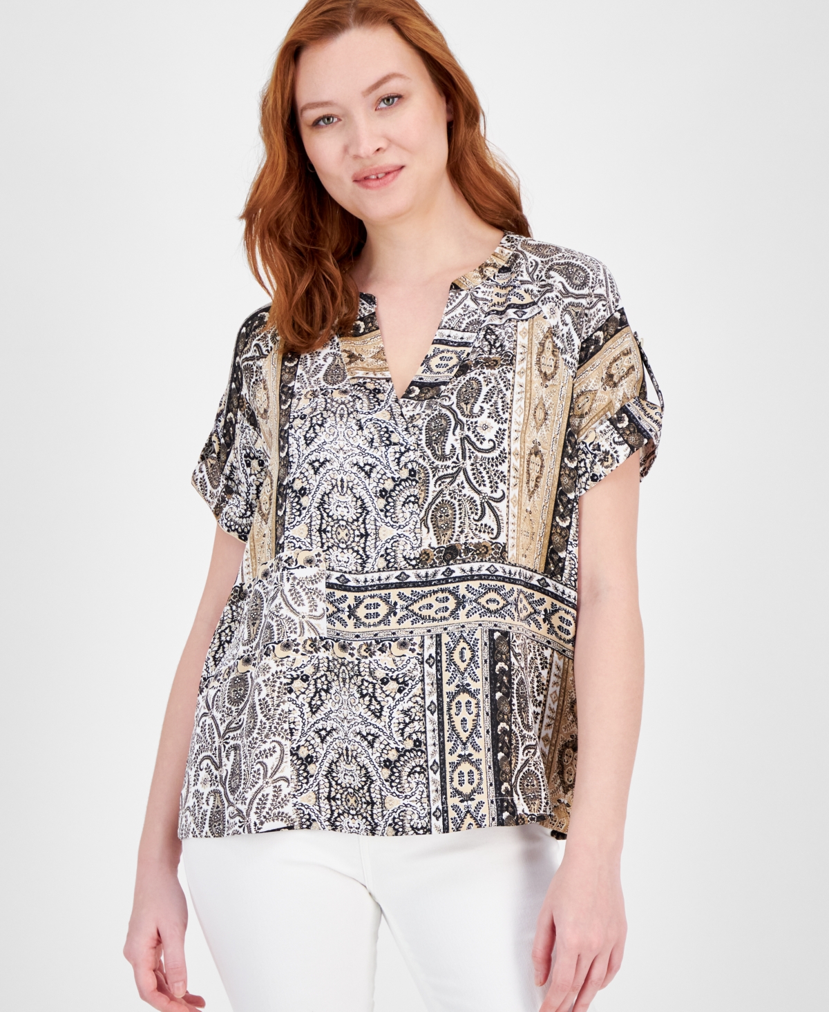 Jm Collection Women's Printed Satin Short-sleeve Top, Exclusively At Macy's In Deep Black