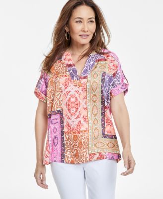 JM Collection - Women's Paisley-Print Satin Short-Sleeve Top