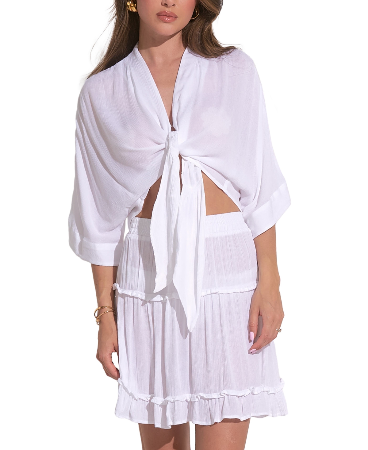 Shop Elan Women's Tie-front 3/4-sleeve V-neck Blouse In White