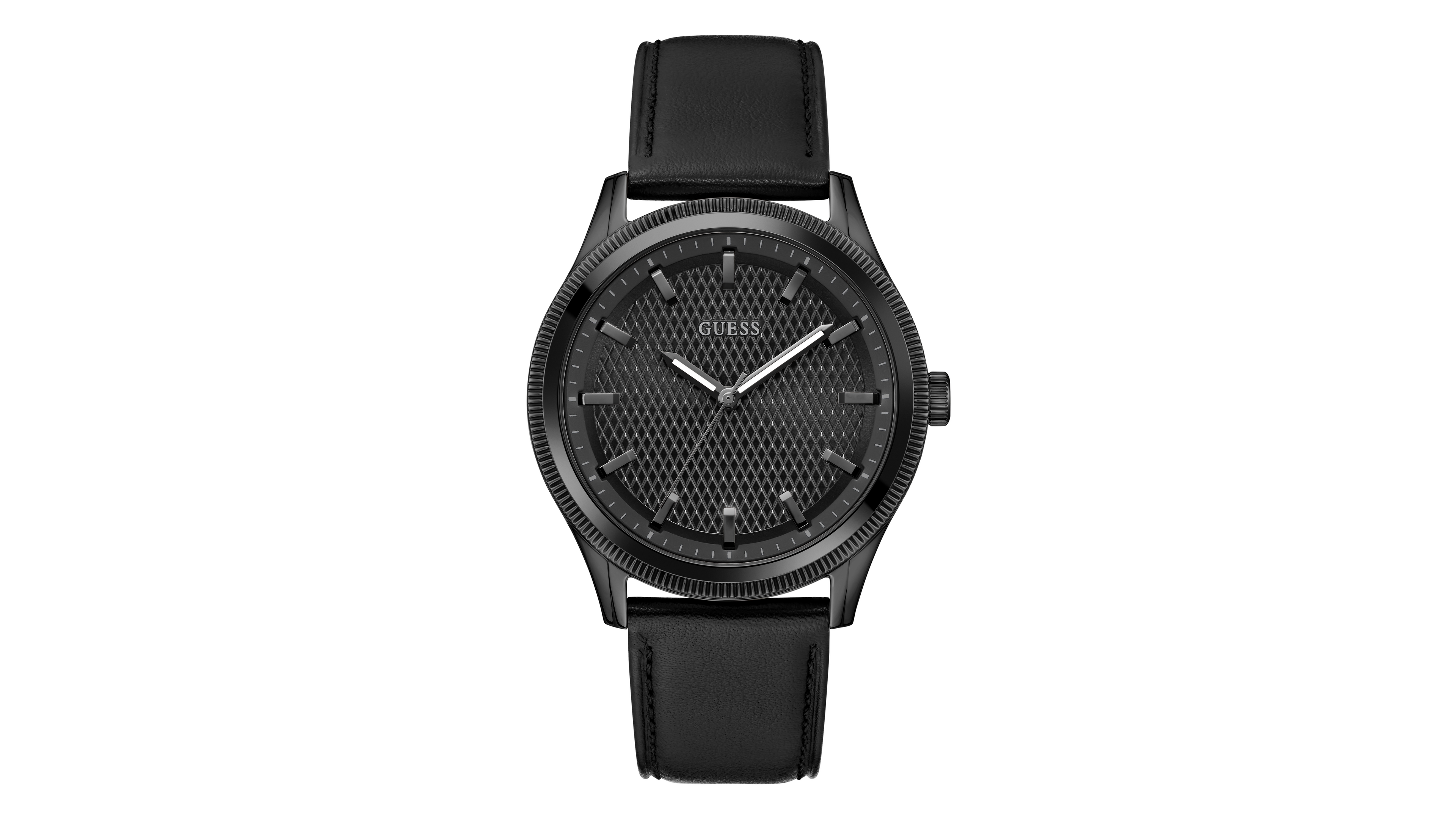 Guess Men's Analog Black Genuine Leather Watch, 44mm