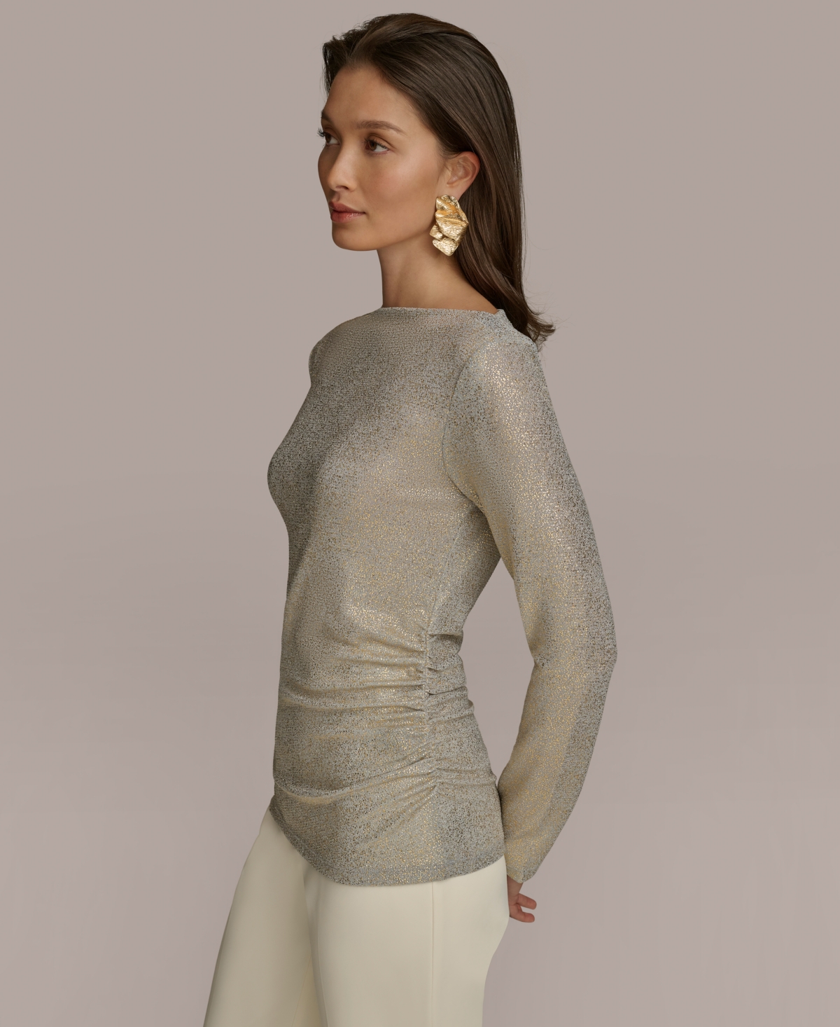 Donna Karan New York Women's Metallic Boat Neck Long-Sleeve Top -gold