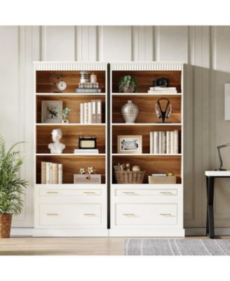 72" Wood 5-Shelf Bookcase with File Cabinet Drawer, Set of 2, Modern Free-Standing Bookshelf