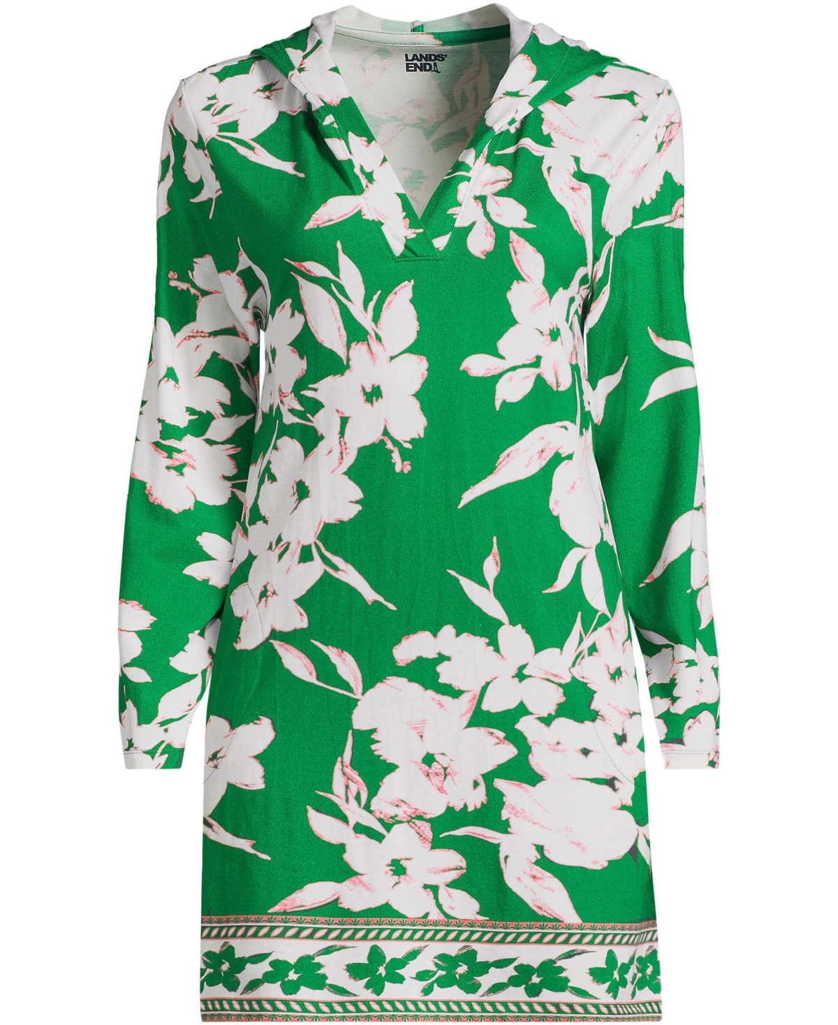 Lands' End Women's Cotton Jersey Long Sleeve Hooded Swim Cover-up Dress