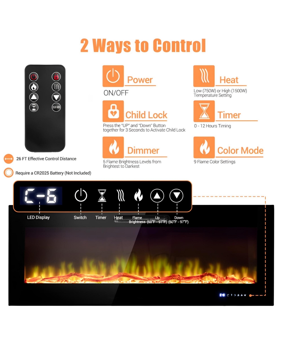 Skonyon 60 Inch Wall Mounted Recessed Electric Fireplace with Decorative Crystal and Log