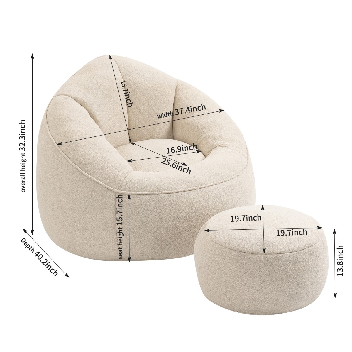 The Pop Home Adult Bean Bag Chair with Ottoman, Comfortable Bean Bag Couch with Armrests for Living Room-The Pop Home