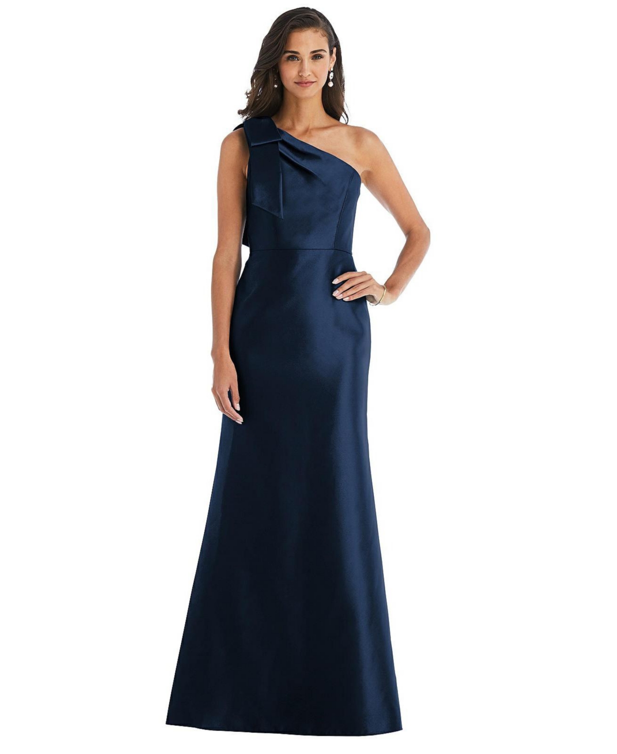Plus Size Bow One-Shoulder Satin Trumpet Gown - Midnight navy