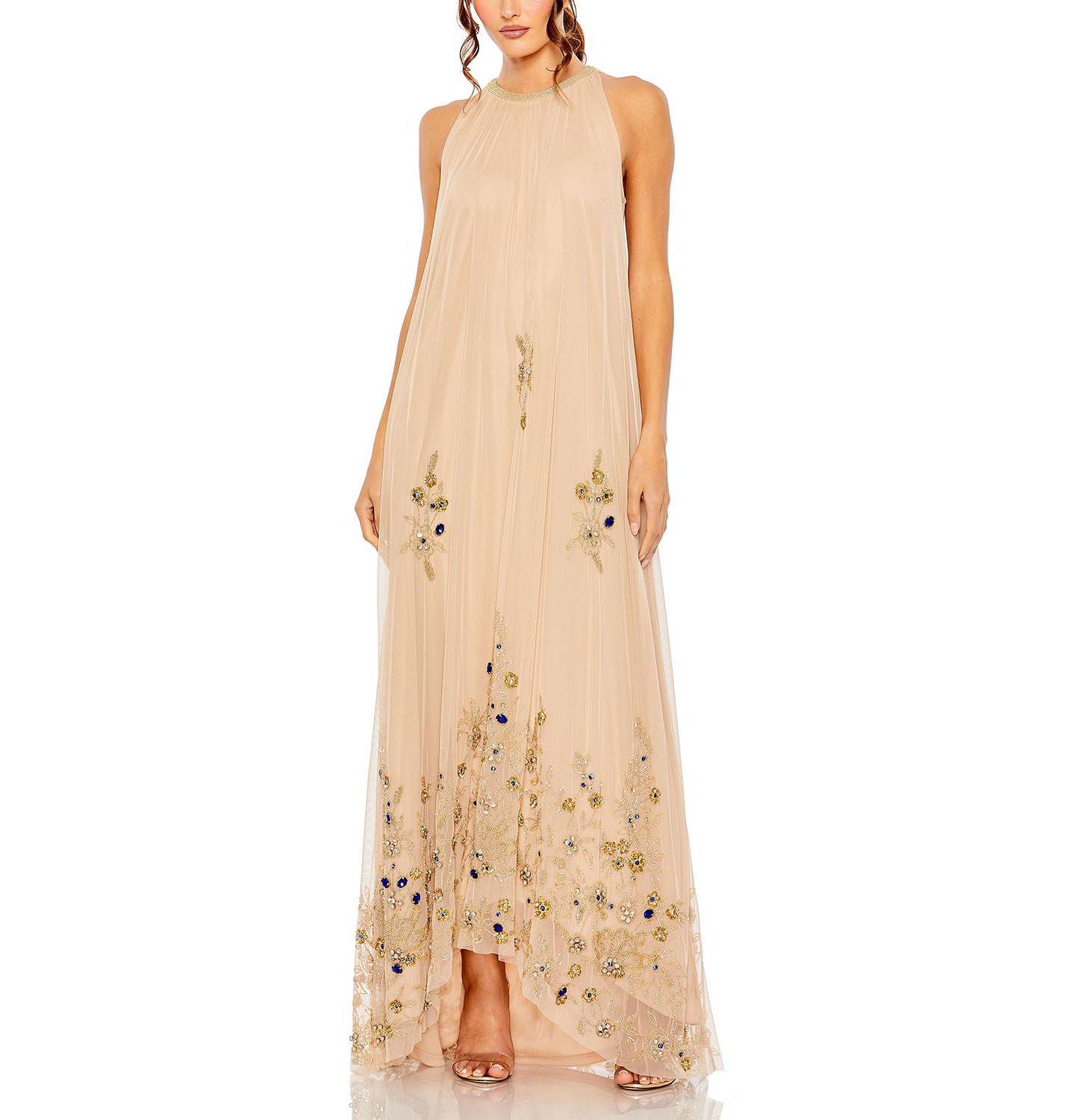 Женское платье Mac Duggal High Neck Floral Embellished Trapeze Gown, цвет: Телесный золотой — фото 5